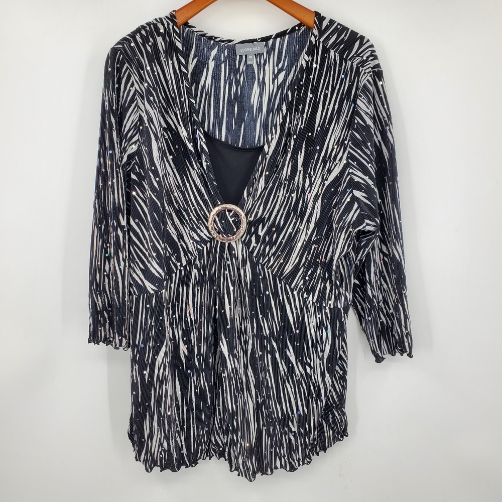 Essentials 3X Black White Plissé Sequin Tunic Top V-Neck Ring Detail Career